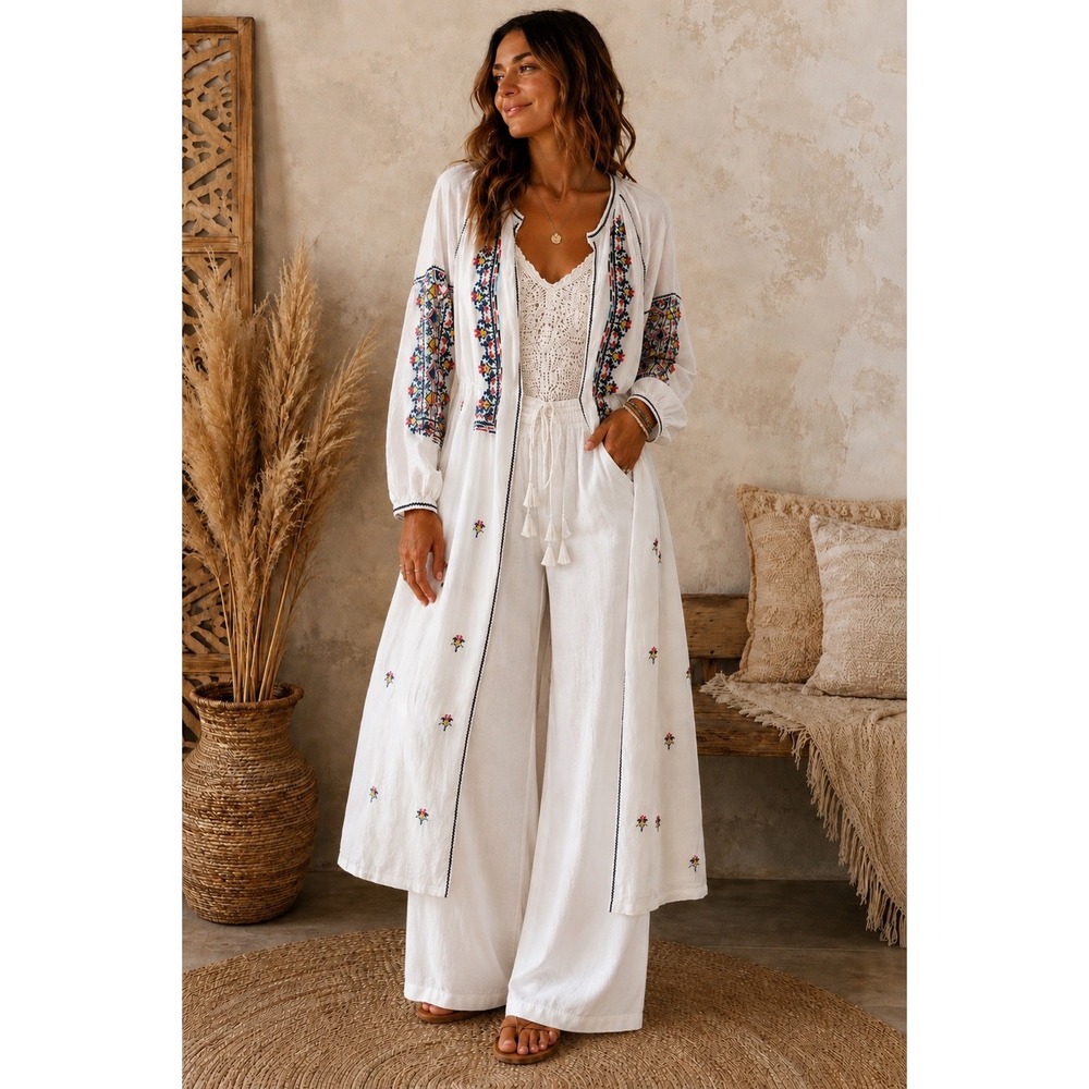 Love by Gap White Embroidered Boho Kimono Duster Cover Up Linen Blend M/L